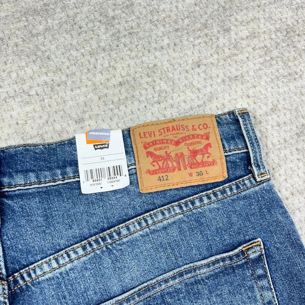Levis 412 Shorts Men 36 Slim Fit Blue Jean Jorts Med Wash Faded Distressed Hole